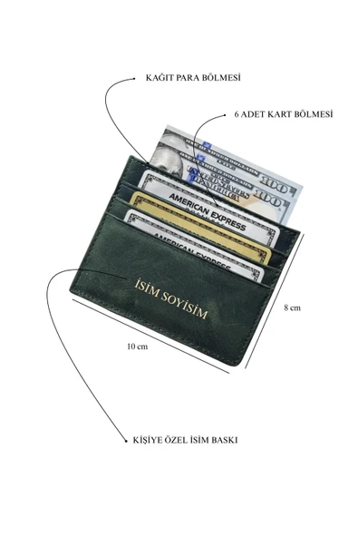 İsim Baskılı Hakiki Deri Kartlık & Cüzdan | 6 Kart Kapasiteli Crazy Haki - Resim 6