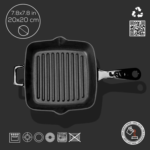 Lava Döküm Kare Izgara Tava Döküm Demir Yekpare Saplı Ölçü 20x20cm. - Resim 4