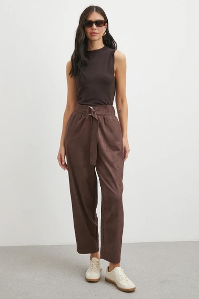 Beli Büzgülü Kemer Tokalı Pantolon Kahve - Resim 3