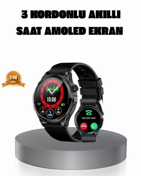 AMOLED Ekranlı Smartwatch – 3 Kordonlu, Kalp Atış & Uyku Takipli Akıllı Saat ürün görseli