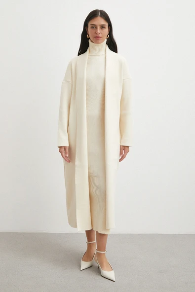 Uzun Elbiseli Hırka Triko Takım Ekru - 2