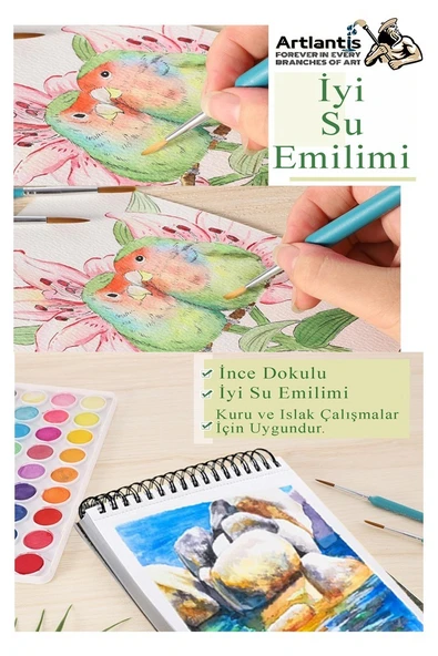 24 Renk Tablet Sulu Boya ve A4 Telli Suluboya Bloğu Kağıdı A4 210gr 20 Yaprak İnce Dokulu Taş Suluboya Plastik Kutulu - 2