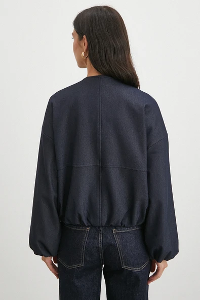 Beli Lastikli Fermuarlı Denim Görünümlü Bomber Ceket Lacivert - Resim 6