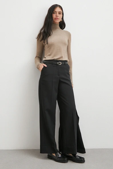 Yüksek Bel Paça Detaylı Kemerli Pantolon Siyah - Resim 3