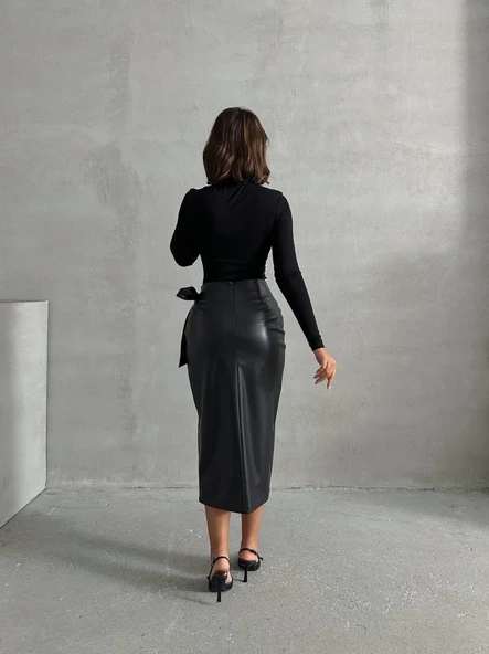 Kuşaklı uzun deri etek siyah h26414 - Resim 2