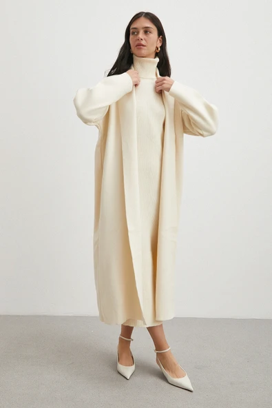 Uzun Elbiseli Hırka Triko Takım Ekru - 3