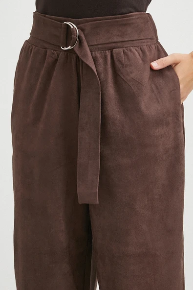 Beli Büzgülü Kemer Tokalı Pantolon Kahve - Resim 5