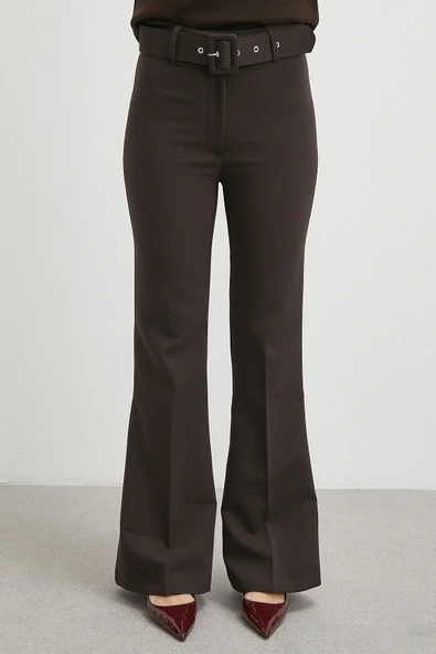 Kemerli İspanyol Paça Pantolon Kahve - Resim 5