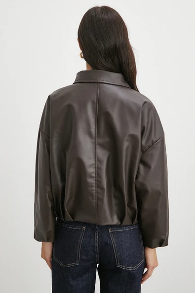 Yakalı Kemer Detaylı Deri Ceket Kahve - Resim 6