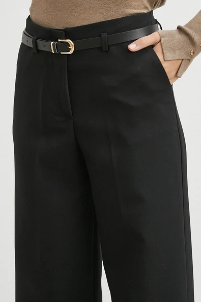 Yüksek Bel Paça Detaylı Kemerli Pantolon Siyah - Resim 5