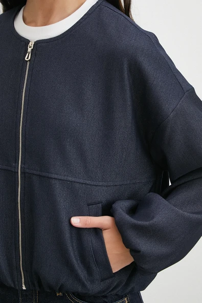 Beli Lastikli Fermuarlı Denim Görünümlü Bomber Ceket Lacivert - Resim 5