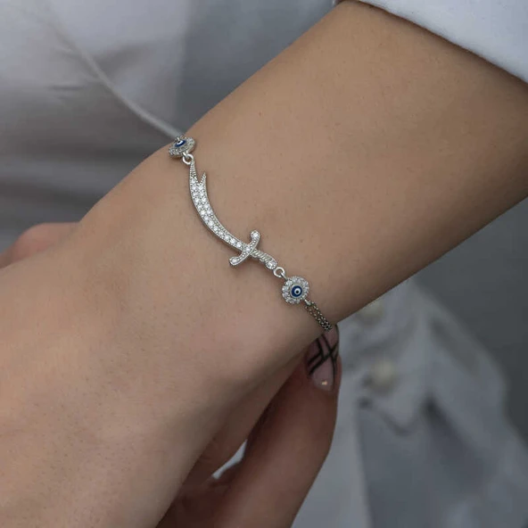 925 Ayar Gümüş Nazarlı Zülfikar Kılıcı Kadın Bileklik - Resim 3