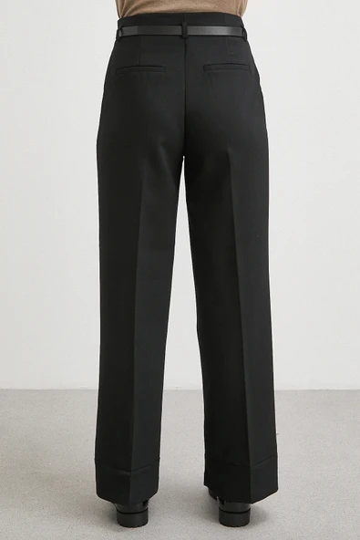 Yüksek Bel Paça Detaylı Kemerli Pantolon Siyah - Resim 6