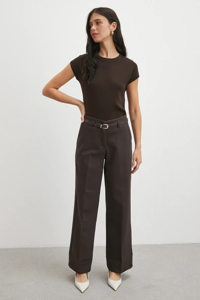 Yüksek Bel Paça Detaylı Kemerli Pantolon Kahve - Resim 5