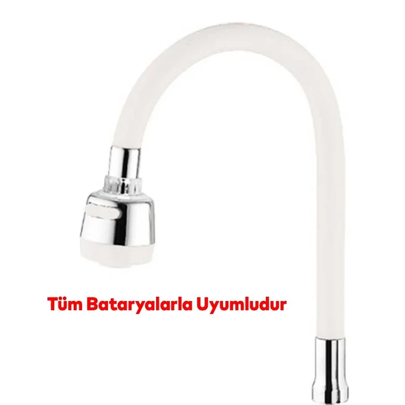 Mutfak Musluk Batarya Kuğu Evye Borusu Oynar Hortumlu Beyaz Renk 2 Kademe Su Kubar Ayarlı Başlık - Resim 2