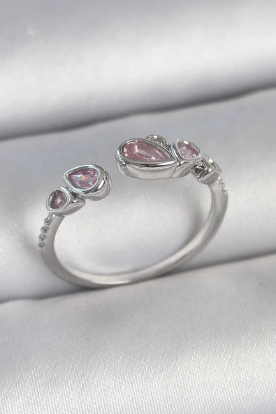 Pirinç Gümüş Renk Pembe Damla Zirkon Taşlı Ayarlanabilir Model Kadın Yüzük - TJ-BYK3734