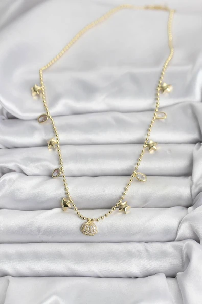 Pirinç Gold Renk Zirkon Taşlı Deniz Kabuğu Model Kadın Kolye - TJ-BKO10646 - Resim 2