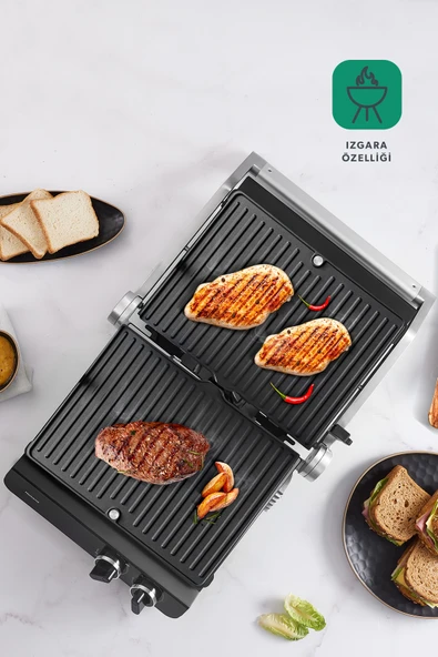 HOMEND Grilliant 1342h 3 In 1 Inox Gövde Çift Taraflı XL Döküm Plaka Tost Ve Izgara Makinesi - Resim 2