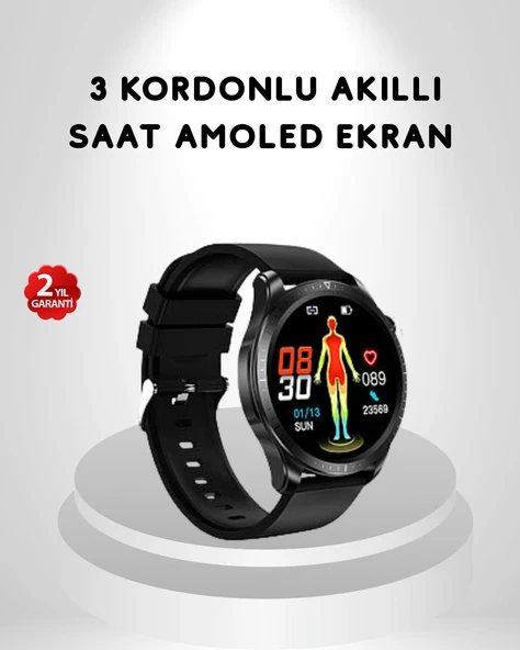 AMOLED Ekranlı Akıllı Saat – 3 Kordon Seçenekli, Suya Dayanıklı, Kalp Atış ve Uyku Takip Özellikli ürün görseli
