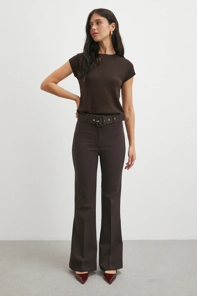 Kemerli İspanyol Paça Pantolon Kahve - Resim 4