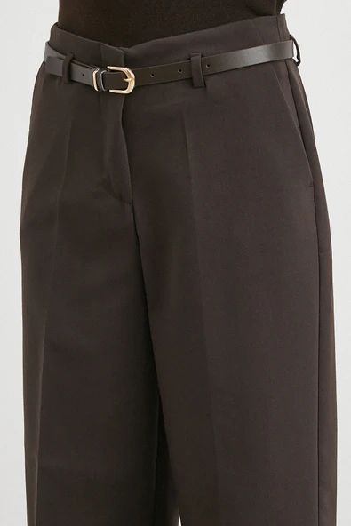 Yüksek Bel Paça Detaylı Kemerli Pantolon Kahve - Resim 6