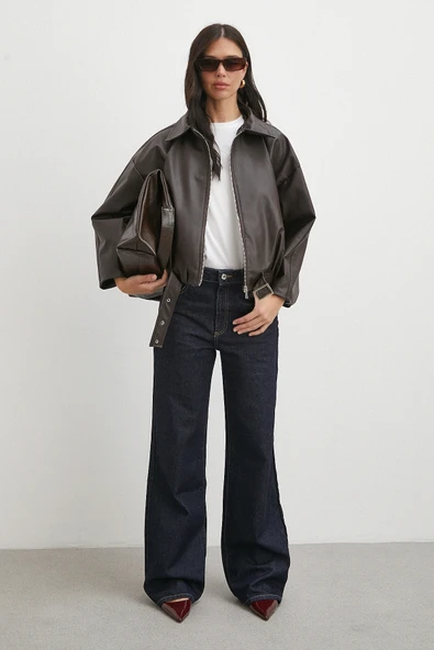 Yakalı Kemer Detaylı Deri Ceket Kahve - Resim 2