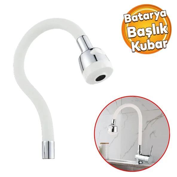 Mutfak Musluk Batarya Kuğu Evye Borusu Oynar Hortumlu Beyaz Renk 2 Kademe Su Kubar Ayarlı Başlık ürün görseli 1