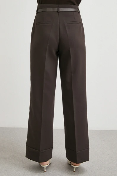 Yüksek Bel Paça Detaylı Kemerli Pantolon Kahve - Resim 7