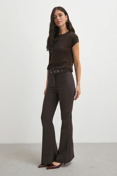 Kemerli İspanyol Paça Pantolon Kahve - Resim 3