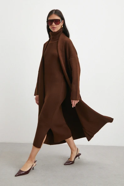 Uzun Elbiseli Hırka Triko Takım Kahve - 2