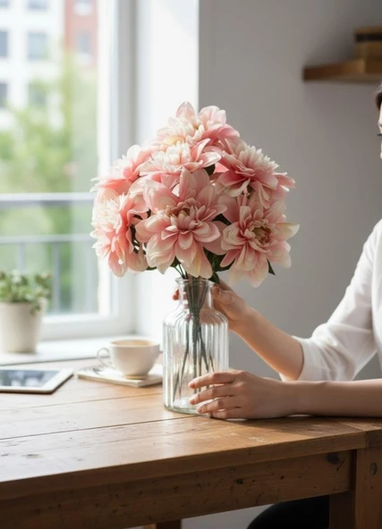 Yapay Çiçek Pembe Açık 7li Yıldız Çiçeği Demeti 40*30cm - Resim 4