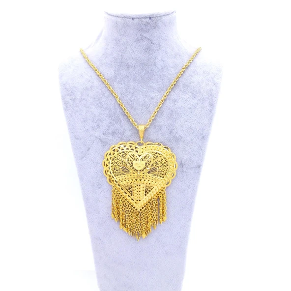 Altın Kaplama Hint Model Kalpli  Kadın Kolye 45 cm KLY-281 - Resim 2