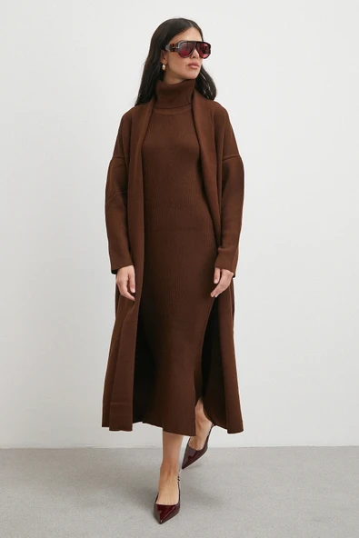 Uzun Elbiseli Hırka Triko Takım Kahve - 3