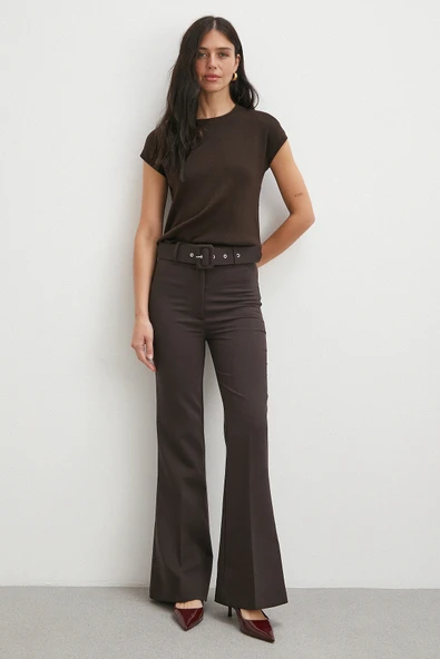 Kemerli İspanyol Paça Pantolon Kahve - Resim 2