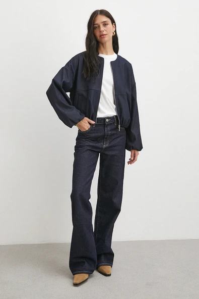 Beli Lastikli Fermuarlı Denim Görünümlü Bomber Ceket Lacivert - Resim 2