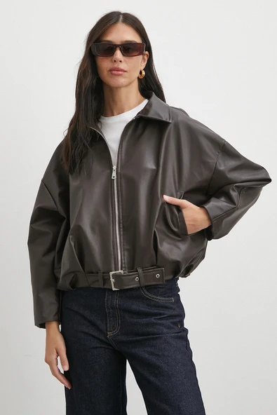 Yakalı Kemer Detaylı Deri Ceket Kahve - Resim 3