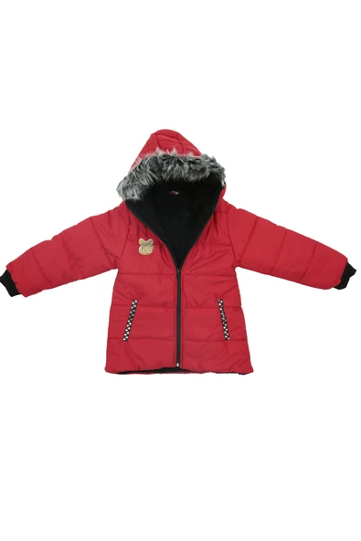 Kız Çocuk Peluş Astarlı - Fermuar Kapatmalı-Kürklü Kapüşonlu Mont 12357 - Resim 8