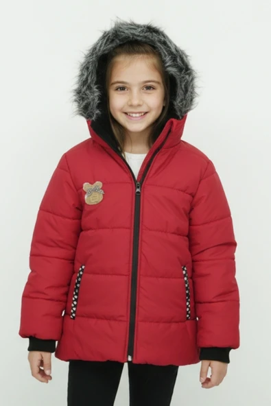 Kız Çocuk Peluş Astarlı - Fermuar Kapatmalı-Kürklü Kapüşonlu Mont 12357 - Resim 2