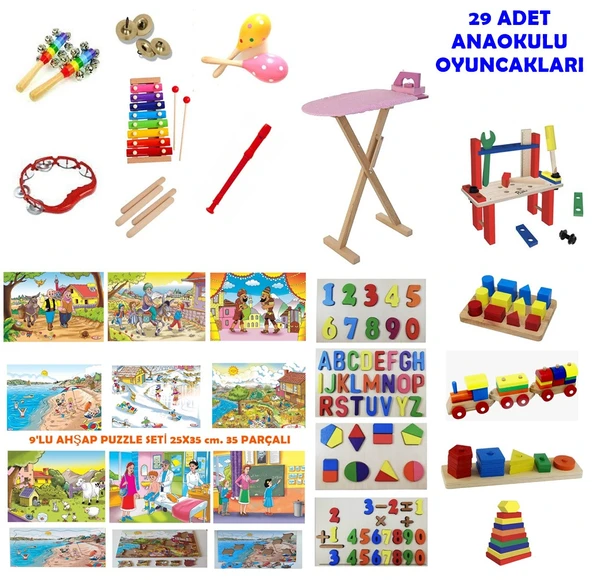 29 Adet Ahşap Anaokulu Montessori Eğitici Kavram Oyuncakları Seti