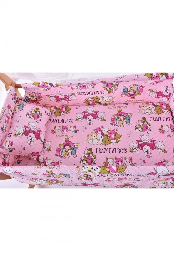 Biray Serisi Anne Yanı, Yerde Sallamalı Bebek Beşiği / Pembe Çılgın Kediler (Crazy Cat Boys Pink) - 6