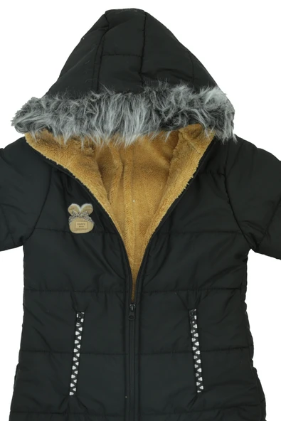 Kız Çocuk Peluş Astarlı - Fermuar Kapatmalı-Kürklü Kapüşonlu Mont 12357 - Resim 3