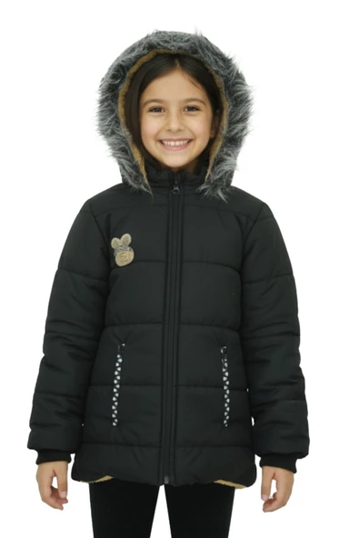 Kız Çocuk Peluş Astarlı - Fermuar Kapatmalı-Kürklü Kapüşonlu Mont 12357 ürün görseli