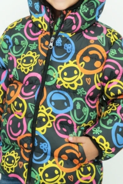 Kız Çocuk İçi Polar Astarlı-Kapüşonlu-Desenli-Fermuarlı Mont 12358 - Resim 2