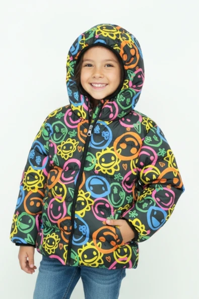 Kız Çocuk İçi Polar Astarlı-Kapüşonlu-Desenli-Fermuarlı Mont 12358 ürün görseli