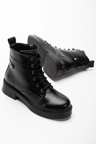 02-2003 Siyah Kırışık Rugan Bağcıklı Fermuarlı Günlük Kadın Bot - 5