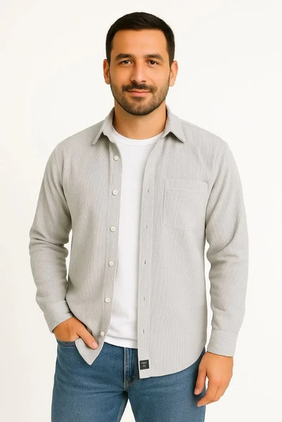 Erkek Fitilli Kadife Cepli Gömlek Oversize Rahat Kalıp - Gri - Resim 3