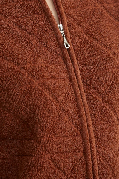 Geometrik Motifli Fermuarlı Yünlü Triko Hırka - Kiremit - Resim 4