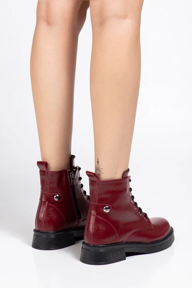 02-2003 Bordo Kırışık Rugan Bağcıklı Fermuarlı Günlük Kadın Bot - 3