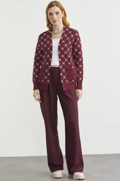 Logolu Cep Detaylı Oversize Triko Hırka - Bordo - Resim 3