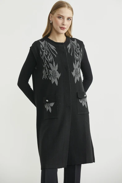 Cepli Uzun Yün Triko Yelek - Siyah - Resim 4